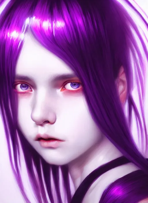 Image similar to hair whitebangs hair, white hair, whitebangsblackhair, portrait of teenage girl with white bangs, red irises, purple clothes, intricate, elegant, glowing lights, highly detailed, digital painting, artstation, concept art, sharp focus, illustration, art by wlop, mars ravelo and greg rutkowski