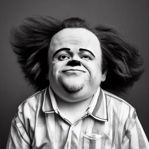 Image similar to portrait of down syndrome midget ronald mcdonald sharp focus, 4 k editorial photograph, soft lighting, black background