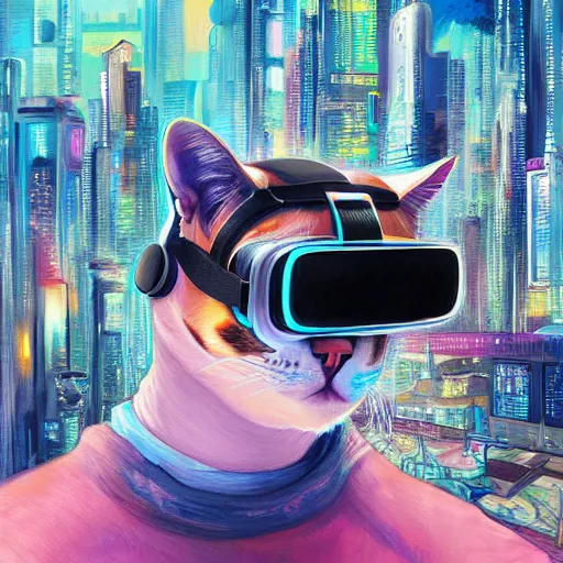 Image similar to a painting of a cat wearing oculus rift with a city in the background, cyberpunk art by hikari shimoda, trending on artstation, panfuturism, utopian art, circuitry, sci - fi