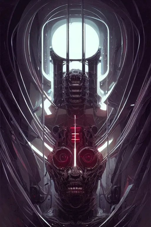 Image similar to professional concept art symmetrical portrait of a horror robotic nightmare species in deep dark room by artgerm and greg rutkowski. an intricate, elegant, highly detailed digital painting, abstraction, concept art, smooth, sharp focus, illustration, in the style of cam sykes.