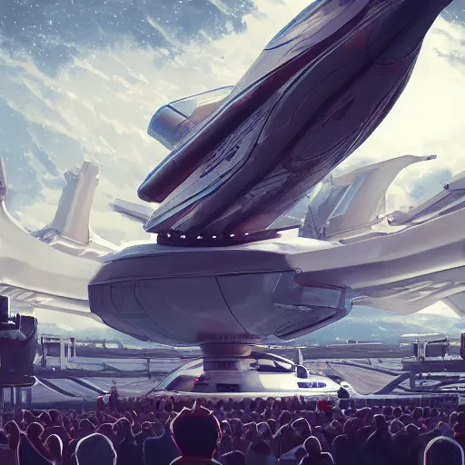 Image similar to thousands of people next to a big spaceship, artstation