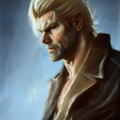 Image similar to portrait of a muscular, grim, ponytail haired blonde man in his late 30's, wearing a thick brown leather coat, looking to his side, scarred face, blue eyes, hunter, DnD character, fantasy character, dramatic lighting, digital art by Ruan Jia, Krenz Cushart, Rossdraws and Boris Vallejo