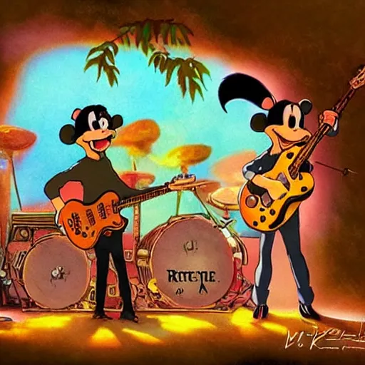 Image similar to rats playing in a rock band inspired by the beatles, beautiful, dreamlike, wholesome, ghibli and disney animation, sharp, intricated, art by ken anderson and mel shaw, bloom, dramatic lighting, brown palette,