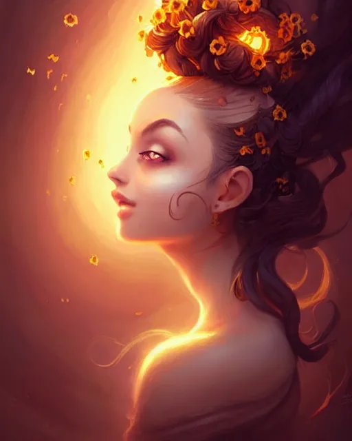 Prompt: Beautiful woman with honeycomb up-do hairstyle, swirling honey flowers, radiant light, illustrated portrait by peter mohrbacher and artgerm