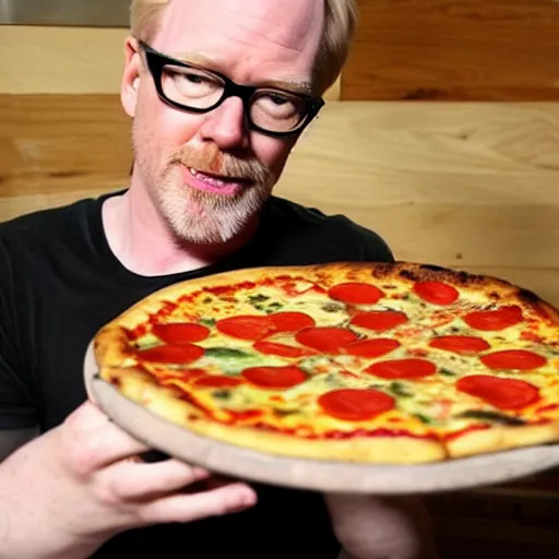 Prompt: adam savage attempting to play a pizza like a piccolo, photo realistic, extreme detail