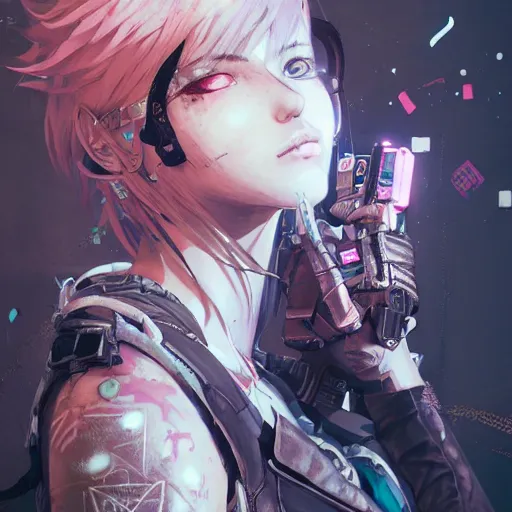 Prompt: highly detailed portrait of a post-cyberpunk punk young lady by Akihiko Yoshida, Greg Tocchini, 4k resolution, league of legends inspired, arcane, nier:automata, pastel pink, light blue, brown, white and black color scheme with graffiti