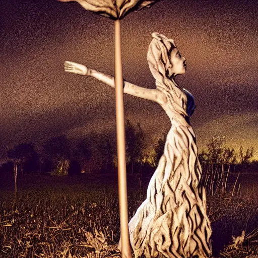 Image similar to The sculpture depicts a woman standing in a field of ashes, her dress billowing in the wind. Her hair is wild and her eyes are closed, and she seems to be in a trance-like state. The sculpture is dark and atmospheric, and the ashes in the field seem to be almost alive, swirling around. colorful lighting by Fabian Perez, by George Herriman threatening