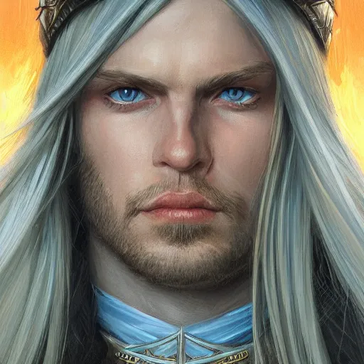 Image similar to 2 7 year old male with blue eyes and long straight blonde hair as a fantasy d & d character, closeup portrait art by donato giancola and greg rutkowski, realistic face, clean shaven, feminine features, digital art, trending on artstation, symmetry!!