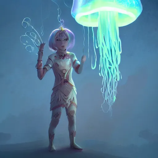 Image similar to magical jellyfish on a wizards staff, glowing luminescent jellyfish spear, concept art, artstation, moods by beeple, wlop, and greg rutkowksi