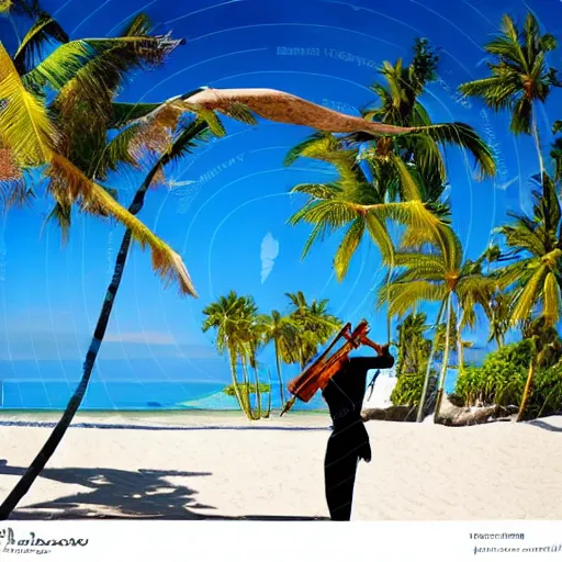 Image similar to violinist on the beach with palm trees blue sky tropical island on horizon