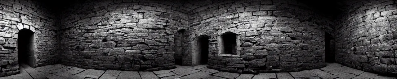 Prompt: Medieval interior empty room with stone walls panorama Holga dark moody greyscale