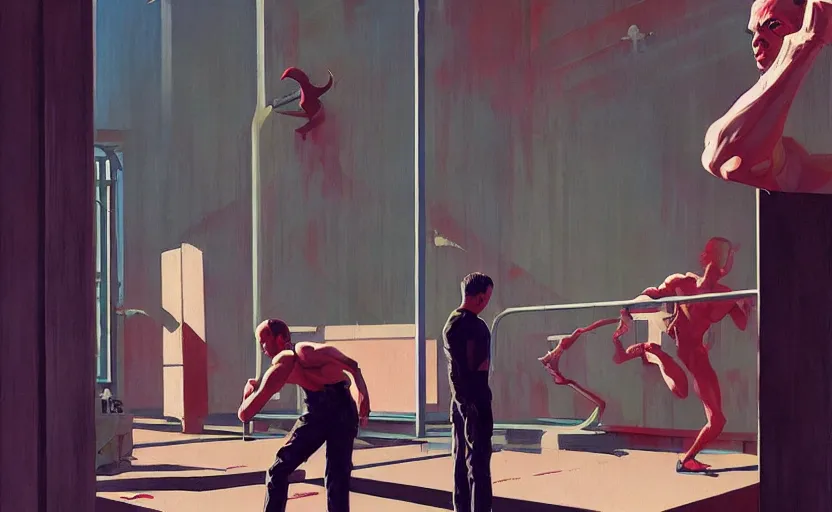 Image similar to Fight club, very coherent, painted by Edward Hopper, Wayne Barlowe, painted by James Gilleard, airbrush, art by JamesJean