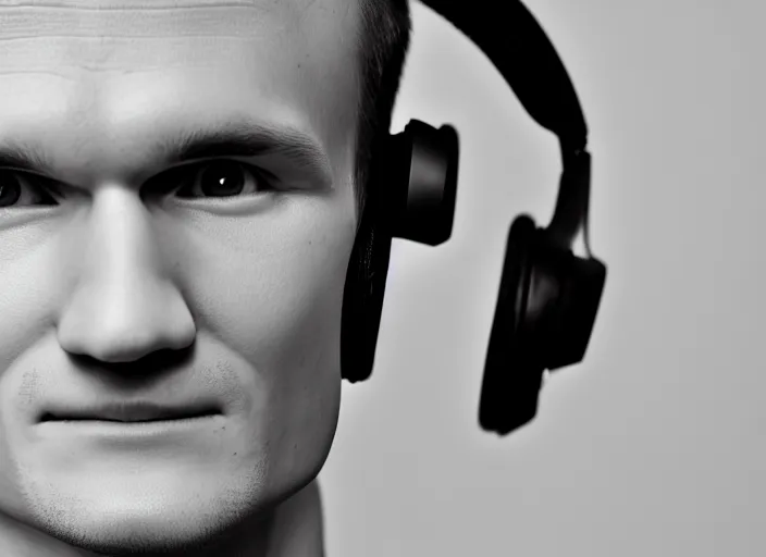 Image similar to headshot of vitalik buterin in headphones. perfect symmetric face, coherent eyes, happy beautiful face fine details., 4 k, ron cobb