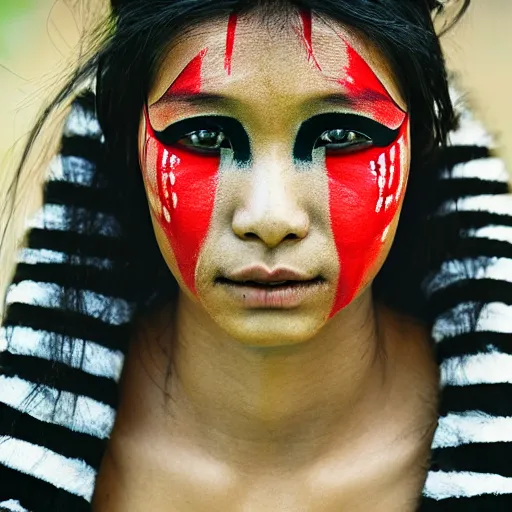 Image similar to portrait of a stunningly beautiful asian tribal female, minimal red facepaint over the eyes in a stripe, depth of field, zeiss lens, detailed, symmetrical, centered, fashion photoshoot, by Annie Leibovitz and Steve McCurry, David Lazar, Jimmy Nelsson, Breathtaking, 8k resolution, extremely detailed, beautiful, establishing shot, artistic, hyperrealistic, beautiful face, octane render