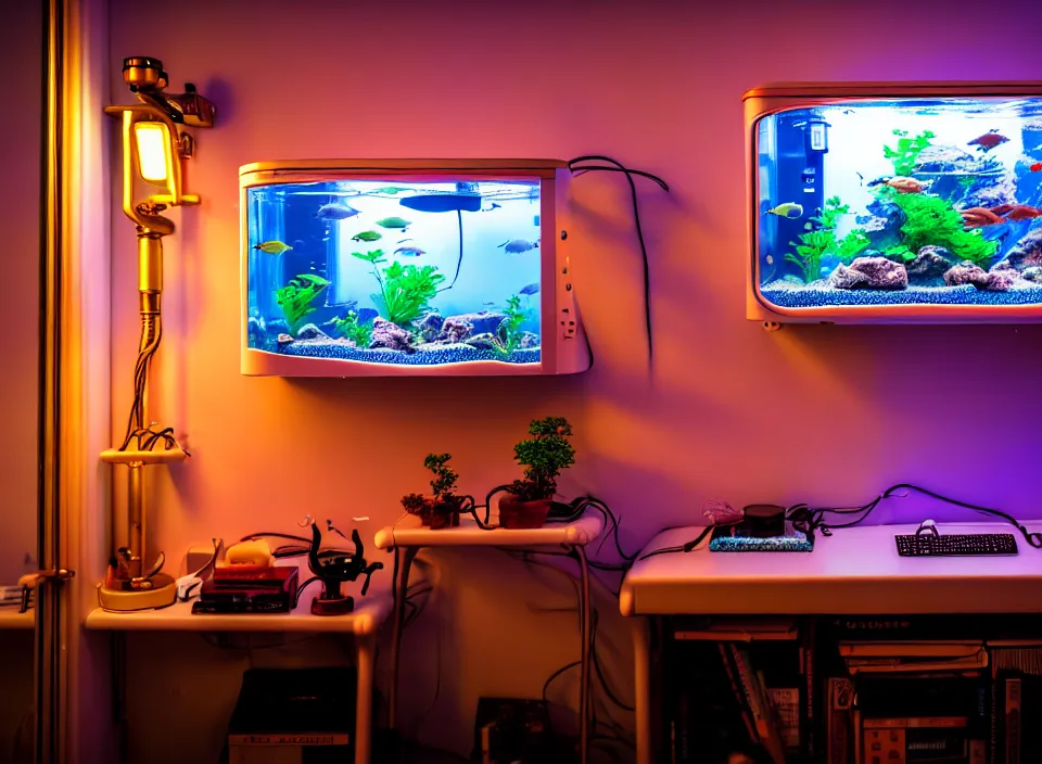 Image similar to telephoto 7 0 mm f / 2. 8 iso 2 0 0 photograph depicting the feeling of chrysalism in a cosy cluttered french sci - fi ( art nouveau ) cyberpunk apartment in a pastel dreamstate art cinema style. ( aquarium, computer screens, window ( city ), leds, lamp, ( ( ( aquarium bed ) ) ) ), ambient light.