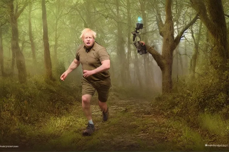 Image similar to boris johnson chasing you in a forest, trailcam footage, created by Mark Keathley