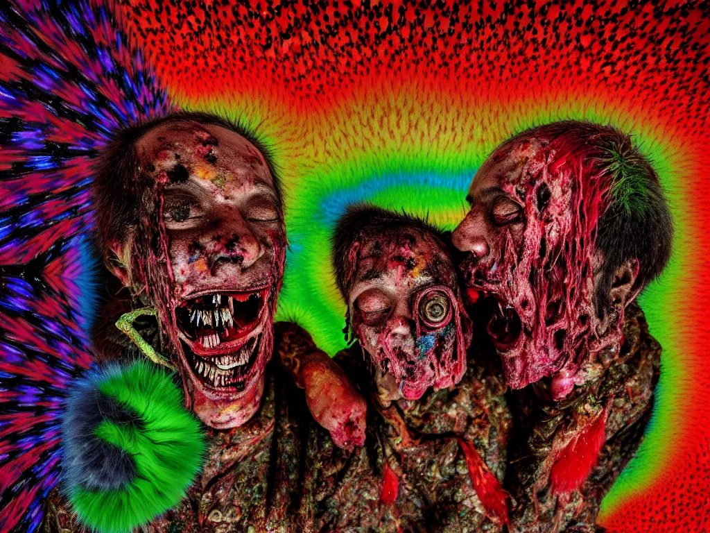 Prompt: a portrait of a beautiful colorful ( flesh - eating ) yamazaku covered in raindow fur, eating the leg of a screaming man, ground covered in maggots, seen from a fractal kaleidoscope, schizophrenic hallucination, fear, morbid, nightmare, supernatural, 8 k, hd photography, highly detailed, chiaroscuro, terrifying