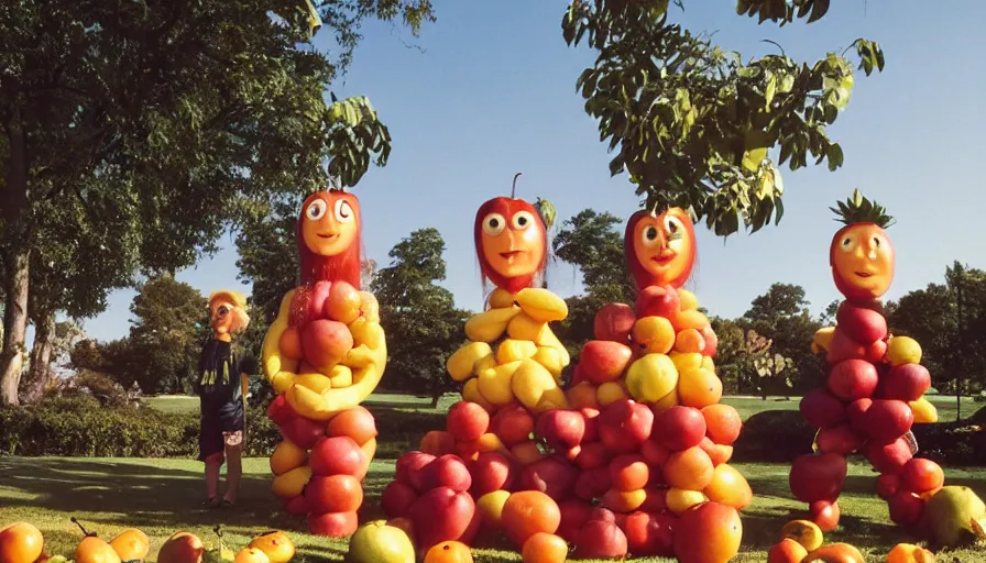 Image similar to 1990s candid photo of a beautiful day at the park, cinematic lighting, cinematic look, golden hour, large personified costumed fruit people in the background, Enormous fruit people mascots with friendly faces, kids talking to fruit people, UHD