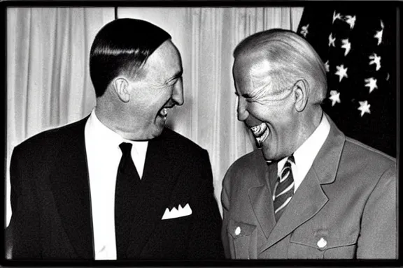 Image similar to “ very very intricate photorealistic photo of hitler and joe biden laughing together, detailed natural lighting, award - winning crisp details ”