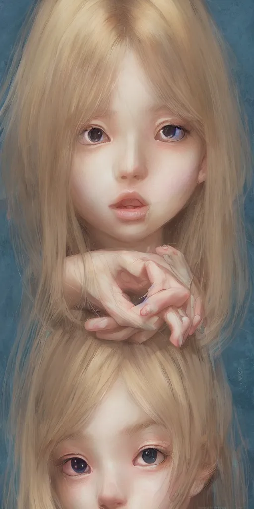 Image similar to portrait of a young cute beautiful girl with blond hair and big dark eyes artwork by WLOP, Hikari Shimoda, Studio Ghibli, Chie Yoshii, artstation