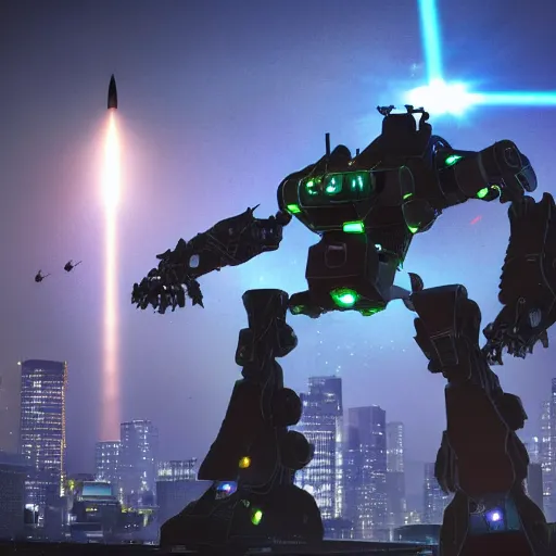 Image similar to A highly detailed photo of a giant futuristic mech launching missiles and firing lasers in a city