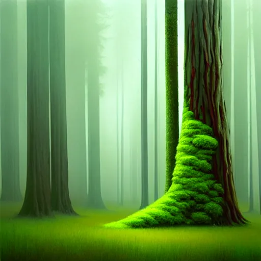 Image similar to treehut, redwood, moss, big forrest, by alex andreev, landscape, high contrast, digital