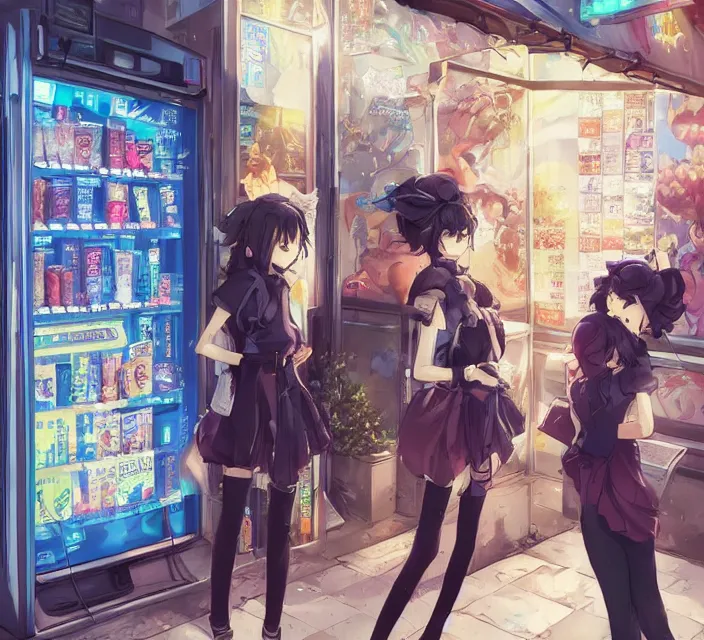 Prompt: Two beautiful anime women, standing in front of a vending machine outside of a Japanese convenience store, in a narrow Tokyo alleyway, gorgeous sunlight and shadows, D&D, fantasy, highly detailed, digital painting, artstation, concept art, sharp focus, illustration, in style of GUWEIZ and WLOP and NIXEU and Craig Mullins