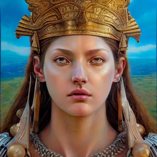 Image similar to hyperrealistic mixed media painting of beautiful goddess Athena, stunning 3d render inspired art by P. Craig Russell and Barry Windsor-Smith, perfect facial symmetry, dim volumetric lighting, 8k octane beautifully detailed render, post-processing, portrait, extremely hyper-detailed, intricate, epic composition, brown eyes, realistic eyes, correct!!! eyes, cinematic lighting, masterpiece, trending on artstation, detailed detailed detailed, masterpiece, stunning