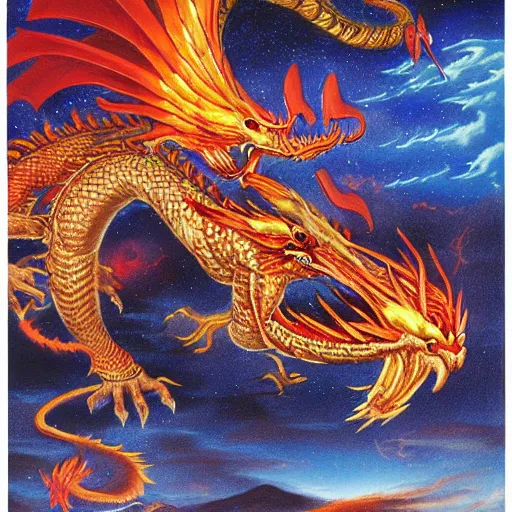 Prompt: chinese fire dragon flying through the night sky by jeff easley