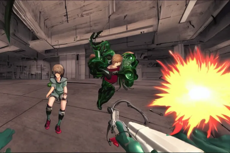 Prompt: an anime girl in a screenshot of the video game doom, the anime girl is running