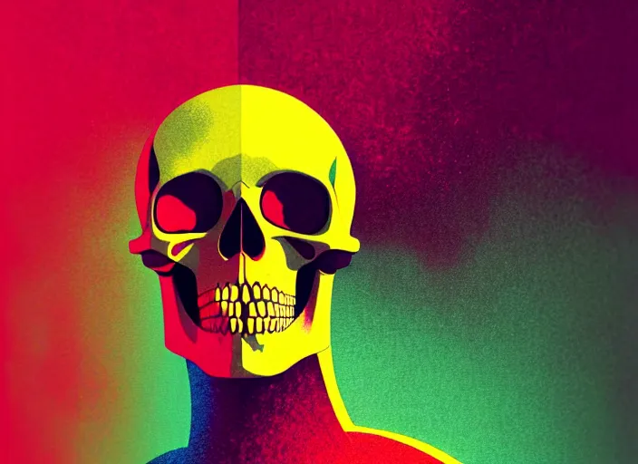 Image similar to portrait of skull character, colorful, modern art deco, mads berg, karolis strautniekas, christopher balaskas, stippled light, fog, moody, fine texture, editorial illustration, dramatic lighting, dynamic composition, detailed, matte print, dynamic perspective, muted color