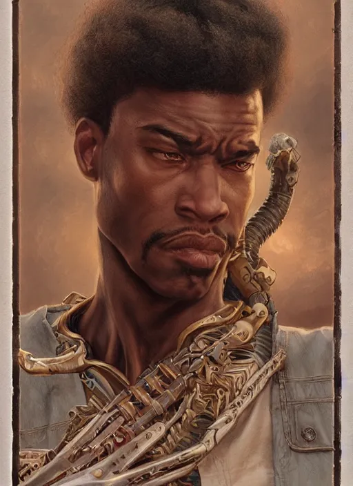 Image similar to a ruggedly handsome african american hero, intricate, elegant, highly detailed, centered, digital painting, artstation, concept art, smooth, sharp focus, illustration, art by artgerm and donato giancola and Joseph Christian Leyendecker