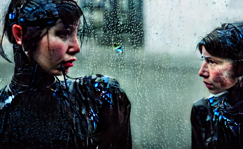 Image similar to cinestill 5 0 d candid photographic portrait by helen levitt of two loving female androids wearing rugged black mesh techwear in treacherous waters, extreme closeup, modern cyberpunk moody depressing cinematic, pouring rain, 8 k, hd, high resolution, 3 5 mm, f / 3 2, ultra realistic faces, ex machina