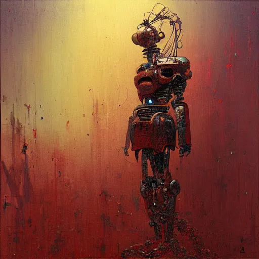 Image similar to rusty and old samurai robot, beksinski and cyberpunk 2 0 7 7 style painting,