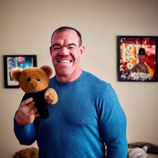 Image similar to professional portrait of Jocko Willink with pink dyed hair wearing a white sweater and holding a teddy bear in a bedroom full of boy band posters and colorful decorations, 8k, dslr,