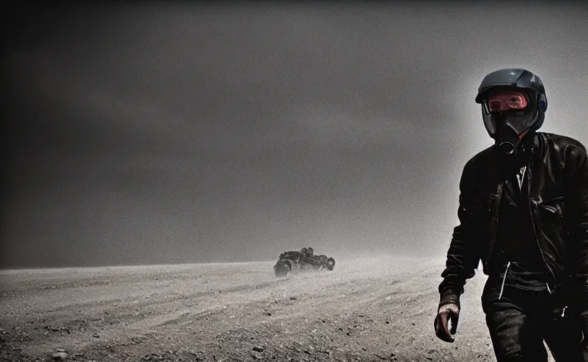 Image similar to cinestill 5 0 d candid photographic portrait by helen levitt of heisenberg wearing rugged black mesh techwear on a dirtbike through a desolate plain, extreme closeup, modern cyberpunk moody emotional cinematic, dust storm, 8 k, hd, high resolution, 3 5 mm, f / 3 2, ultra realistic faces, ex machina