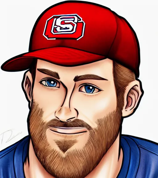 Prompt: tall skinny white guy with very short blonde beard wearing a nc state red baseball cap and red shirt full color digital illustration in the style of don bluth, artgerm, artstation trending, 4 k