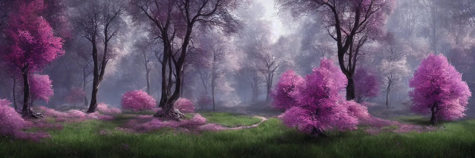 Image similar to michal karcz painting of a beautiful landscape. , purple trees, detailed, elegant, intricate, 4k,