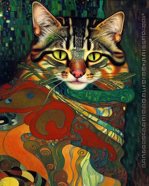 Image similar to wild forest cat portrait an oil painting splashes with many colors and shapes by gustav klimt greg rutkowski and alphonse mucha, polycount, generative art, psychedelic, fractalism, glitch art