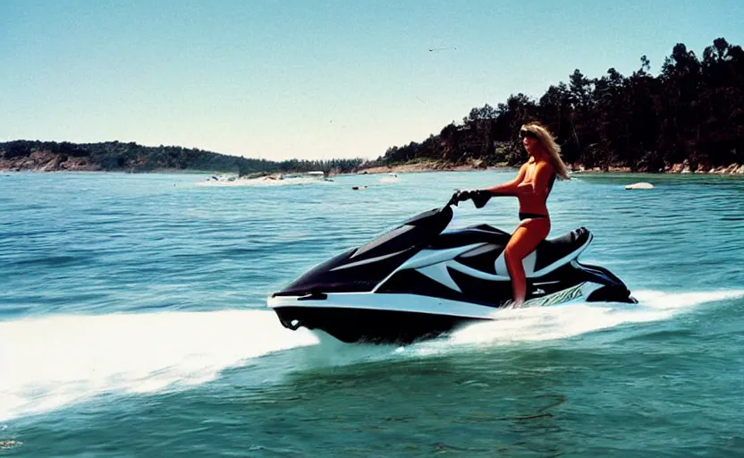 Image similar to color photo of a photomodel driving a jetski in california. 8 0's style