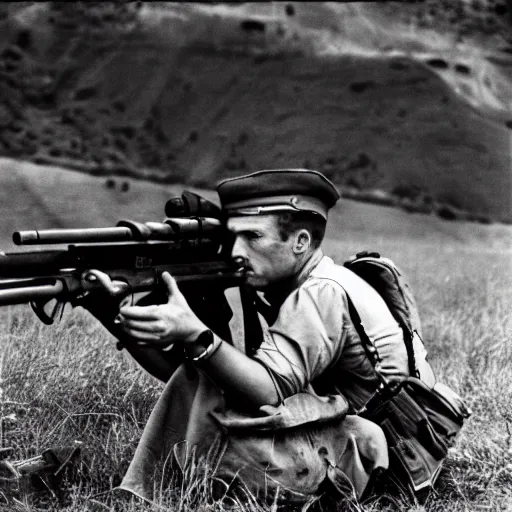 Prompt: Falling soldier by Robert Capa, militia, white shirt, rifle, extended arms, hillslope, 1936