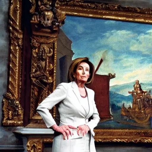 Image similar to nancy pelosi standing in front of 1 6 th century backdrop in the painting of vigo the carpathian. she ominously stares. painting by lou police for ghostbusters 2.