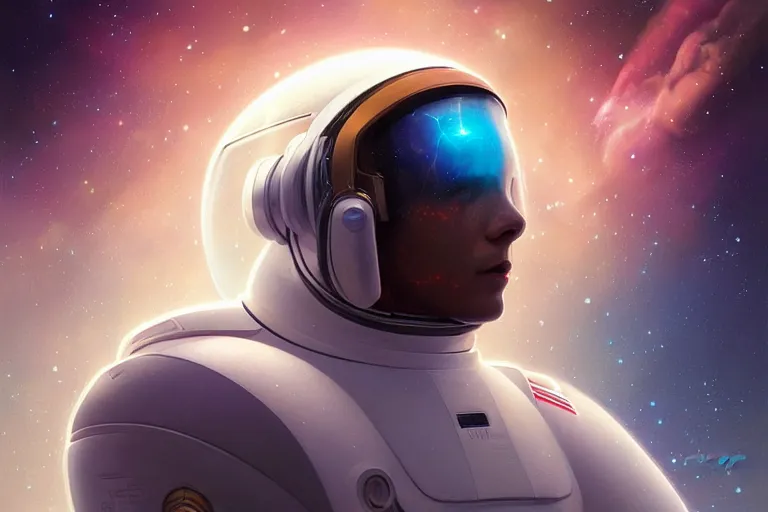 Image similar to Portrait of a Futuristic astronaut reflective visor reflecting a nebula supernova in space, portrait, elegant, intricate, digital painting, artstation, concept art, smooth, sharp focus, illustration, art by artgerm and greg rutkowski and alphonse mucha