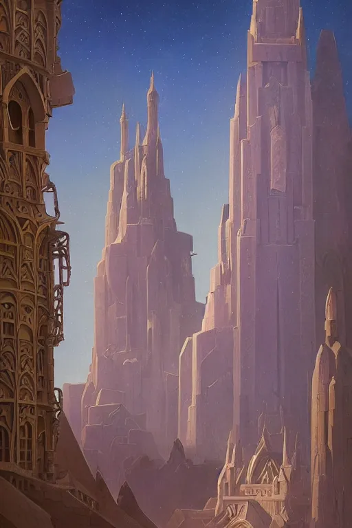 Image similar to the painted tower of the stars, by Sylvain Sarrailh and Nicholas Roerich and jean delville and Tyler Edlin and William Dyce, dramatic cinematic lighting , latticed balconies, beautiful garden, ornate carved architecture, smooth, sharp focus, extremely detailed