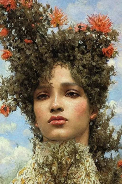 Image similar to close - up fashion afro woman portrait airy flowers cloudy sky art by vasnetsov