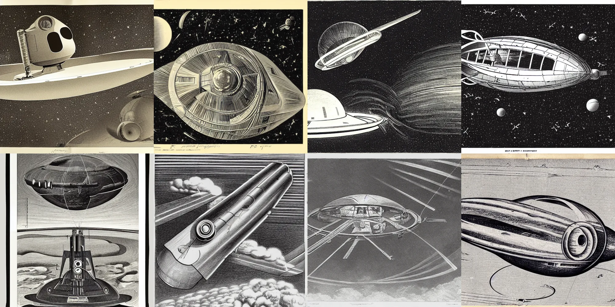 Prompt: Sketch of an exploded view of an extra terrestrial vehicle floating in space by Grant Wood with comments and highly detailed.