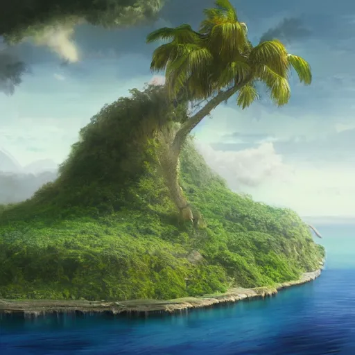 Image similar to Long forgotten island that once hosted a great civilization now gone, Tropical Island, matte painting, concept art