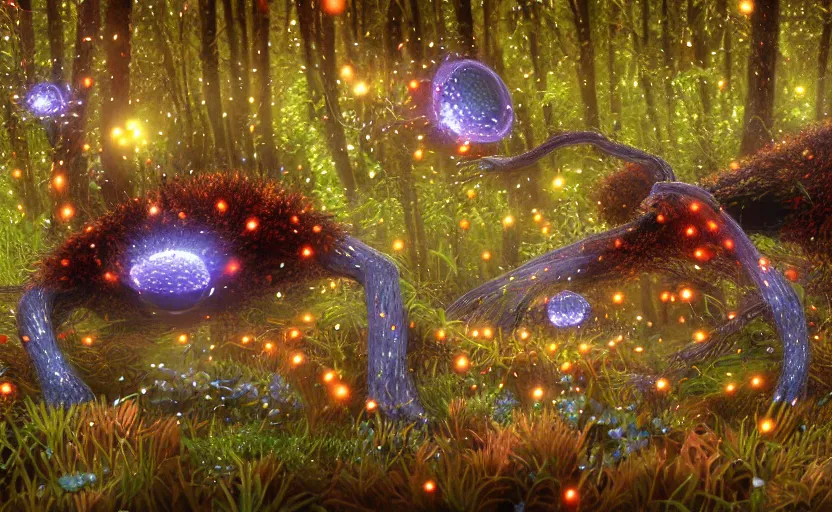 Prompt: foxfire fungi, fireflies, expressive eyes, floating, rbc, radiolaria, protophyta, micro - organisms, center frame, symmetric, rim light, marine microbiology, bioluminescence, electric, fur, soft, concept art, intricate details, highly detailed, colorful, photorealistic, disney pixar, octane render