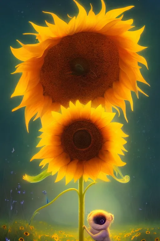 Prompt: a surreal Bioluminescent, very very very cute sunflower in a happy world by Daniel Merriam, Trending on Artstation, oil on Canvas by Elena Zhurikhina and Goro Fujita and Charlie Bowater, octane render, 4k, 8k, HD