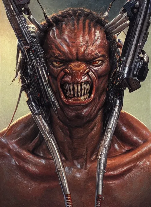 Image similar to portrait of The Predator (1987), highly detailed, centered, solid color background, digital painting, artstation, concept art, smooth, sharp focus, illustration, donato giancola, Joseph Christian Leyendecker, Les Edwards, Ed Repka, WLOP